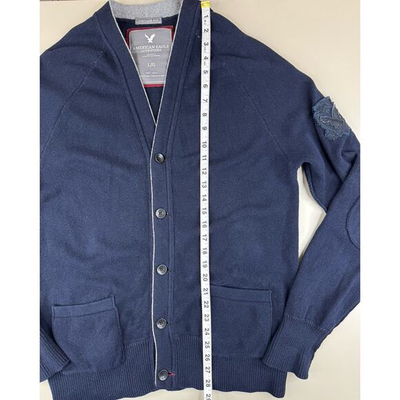 American Eagle Mens Wool Blend Cardigan Sweater L Navy Blue Elbow Patches Preppy - Picture 3 of 13